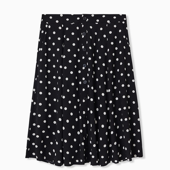 BLACK & WHITE POLKA DOT CHALLIS BUTTON MIDI SKIRT - Picture 1 of 3